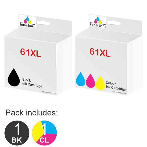 2 Pack – Compatible HP #61XL Black & #61XL Tri Colour (1BK,1CL) High Yield Ink Cartridges Value Pack CH563WA, CH564WA