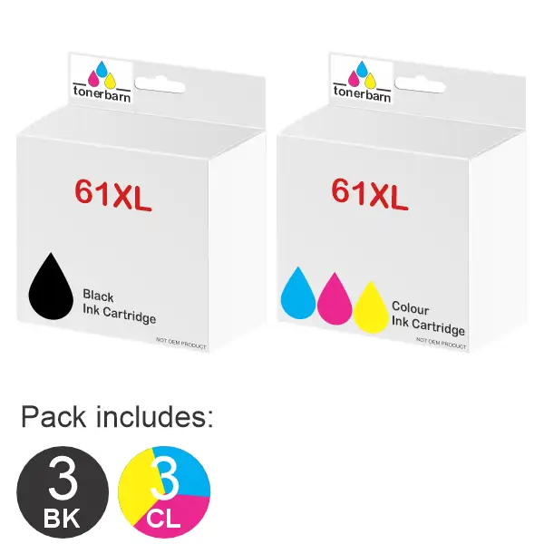 6 Pack – Compatible HP #61XL Black & #61XL Tri Colour (3BK,3CL) High Yield Ink Cartridges Value Pack CH563WA, CH564WA