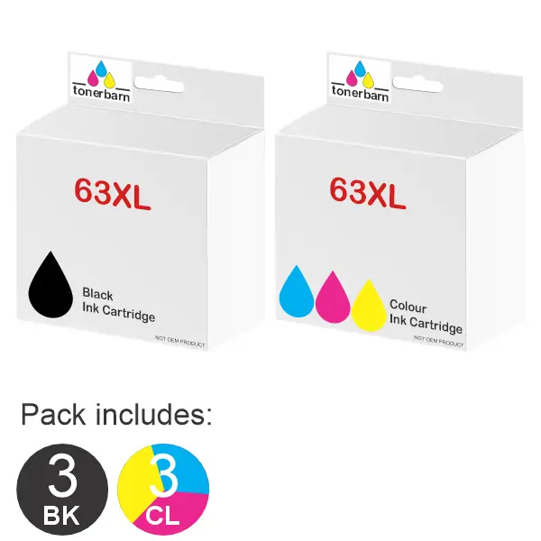 6 Pack – Compatible HP #63XL Black & #63XL Tri Colour (3BK,3CL) High Yield Ink Cartridges Value Pack