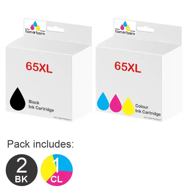 3 Pack – Compatible HP #65XL Black & #65XL Tri Colour (2BK,1CL) High Yield Ink Cartridges Value Pack N9K04AA, N9K03AA
