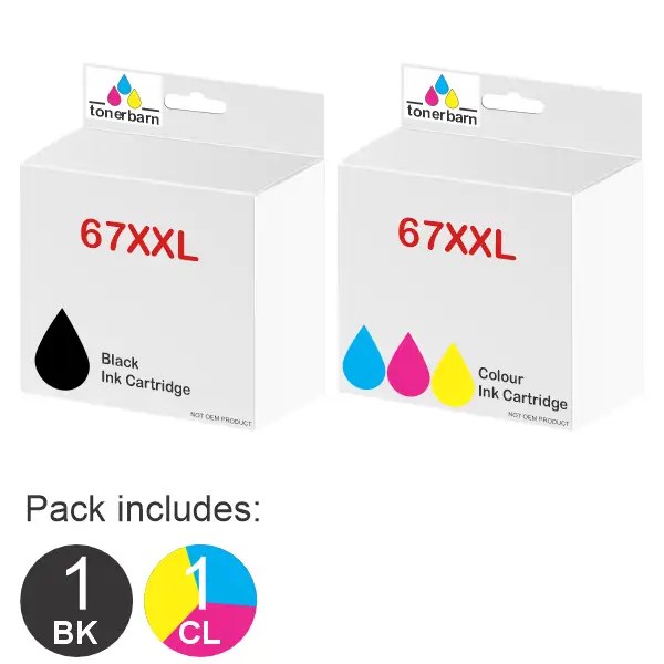2 Pack - Compatible HP #67XXL Black & #67XL Tri Colour (1BK,1CL) High Yield Ink Cartridges