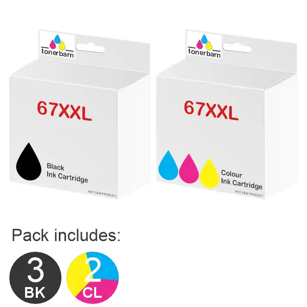 5 Pack – Compatible HP #67XXL Black & #67XL Tri Colour (3BK,2CL) High Yield Ink Cartridges Value Pack