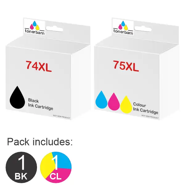 2 Pack – Compatible HP #74XL Black & #75XL Tri Colour (1BK,1CL) Ink Cartridges CB336W, CB338WA