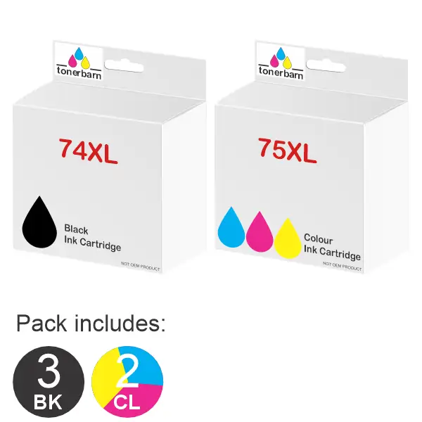 5 Pack – Compatible HP #74XL Black & #75XL Tri Colour (3BK,2CL) Ink Cartridges CB336W, CB338WA