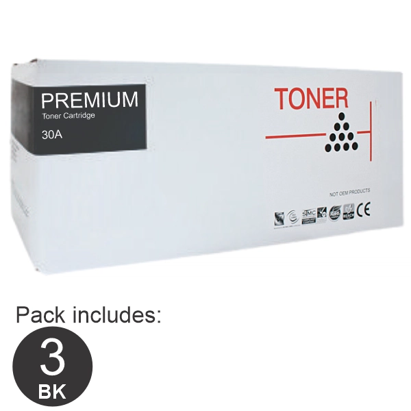 3 x Compatible HP #30A (CF230A) Black Toner Cartridge
