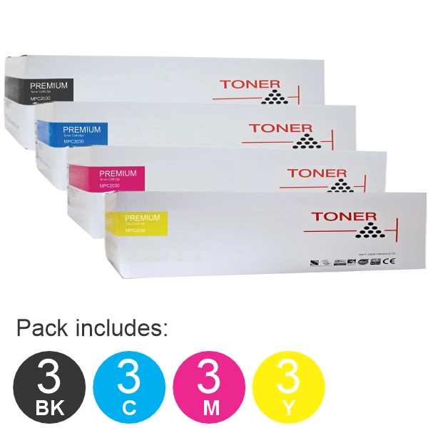 12 Pack Compatible Ricoh MPC2030 (3BK,3C,3M,3Y) Toner Cartridges