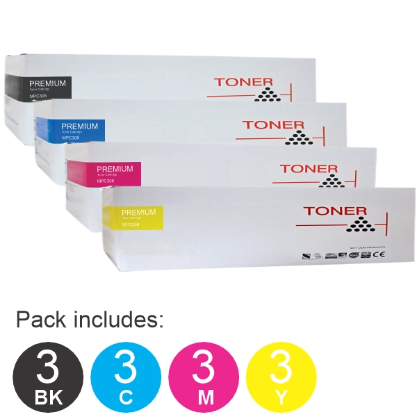 12 Pack Compatible Ricoh MPC306 (3BK,3C,3M,3Y) Toner Cartridges