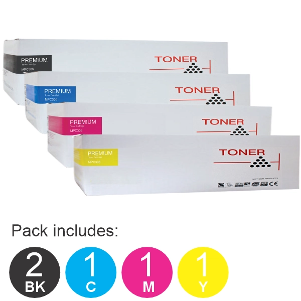 5 Pack Compatible Ricoh MPC306 (2BK,1C,1M,1Y) Toner Cartridges