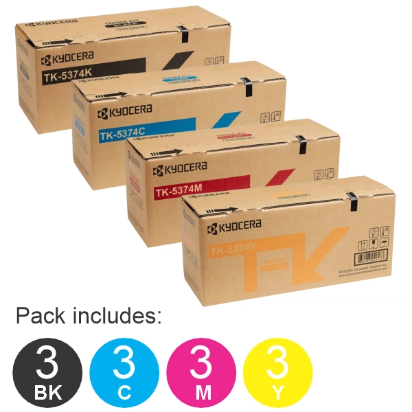 12 Pack Kyocera TK5374 (3BK,3C,3M,3Y) Toner Cartridges