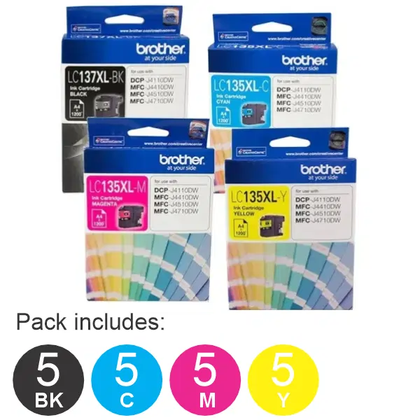 20 Pack - Brother LC137XL Black & LC135XL C/M/Y (5BK,5C,5M,5Y) High Yield Ink Cartridges