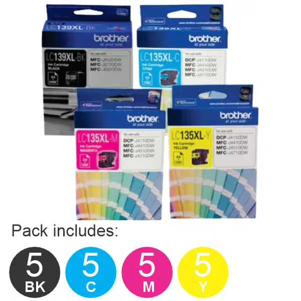 20 Pack - Brother LC139XL Black & LC135XL C/M/Y (5BK,5C,5M,5Y) High Yield Ink Cartridges