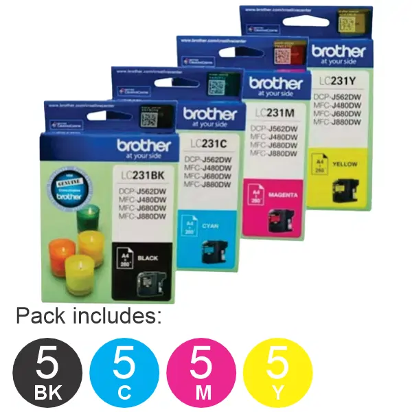 20 Pack - Brother LC231 (5BK,5C,5M,5Y) Ink Cartridges