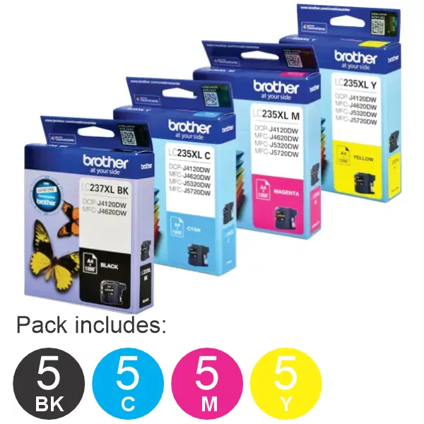 20 Pack - Brother LC237XL & LC235XL C/M/Y (5BK,5C,5M,5Y) High Yield Ink Cartridges