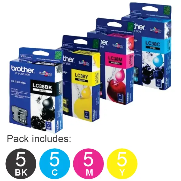 20 Pack - Brother LC38 (5BK,5C,5M,5Y) Ink Cartridges