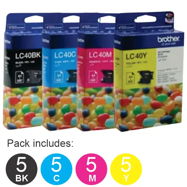 20 Pack - Brother LC40 (5BK,5C,5M,5Y) Ink Cartridges