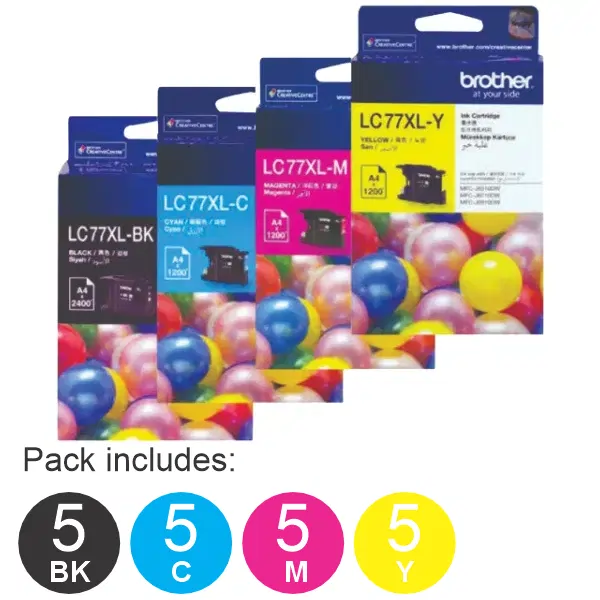 20 Pack - Brother LC77XL (5BK,5C,5M,5Y) High Yield Ink Cartridges