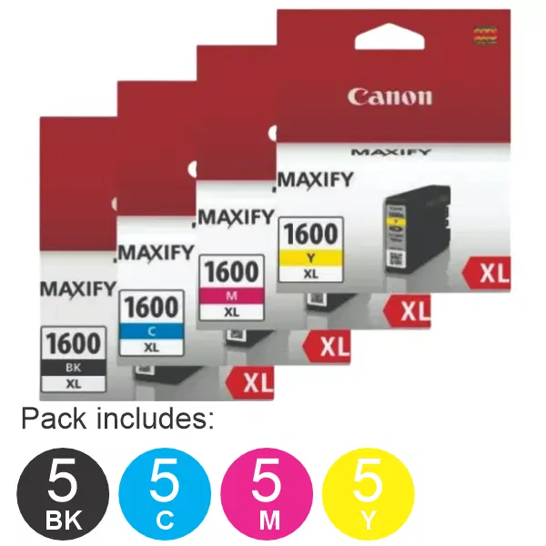 20 Pack - PGI1600XL (5BK,5C,5M,5Y) High Yield Ink Cartridges