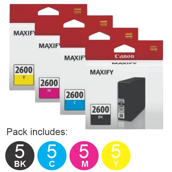20 Pack - PGI2600 (5BK,5C,5M,5Y) Ink Cartridges