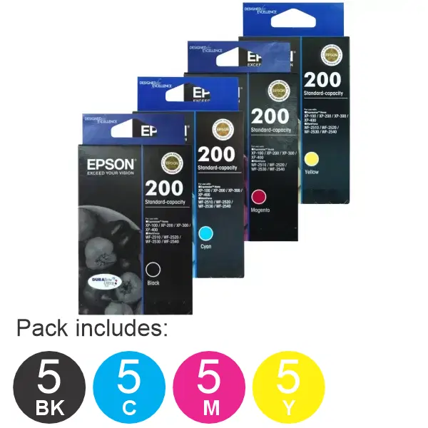 20 Pack - Epson 200 (5BK,5C,5M,5Y) Ink Cartridges