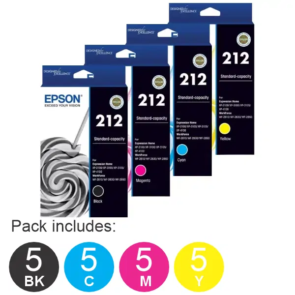 20 Pack - Epson 212 (5BK,5C,5M,5Y) Ink Cartridges