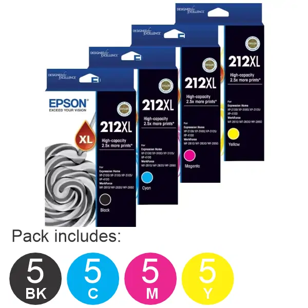 20 Pack - Epson 212XL (5BK,5C,5M,5Y) High Yield Ink Cartridges