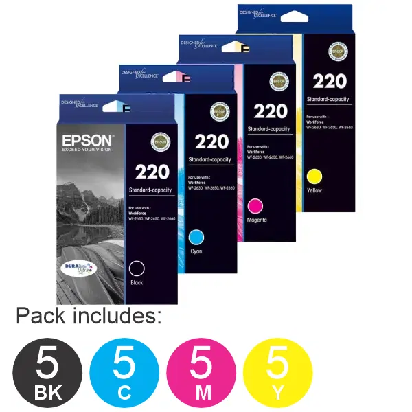 20 Pack - Epson 220 (5BK,5C,5M,5Y) Ink Cartridges