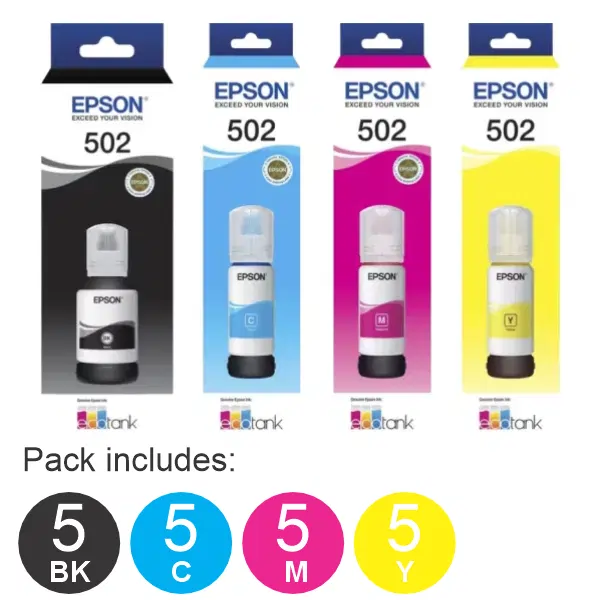 20 Pack - Epson T502 (5BK,5C,5M,5Y) Ink Bottles