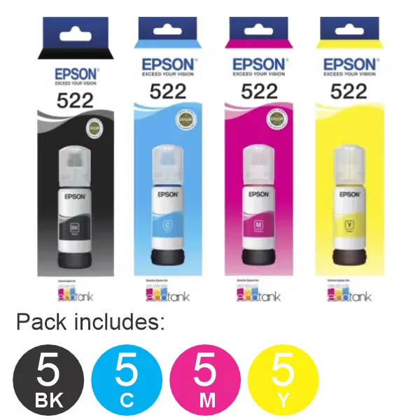 20 Pack - Epson T522 (5BK,5C,5M,5Y) Ink Bottles