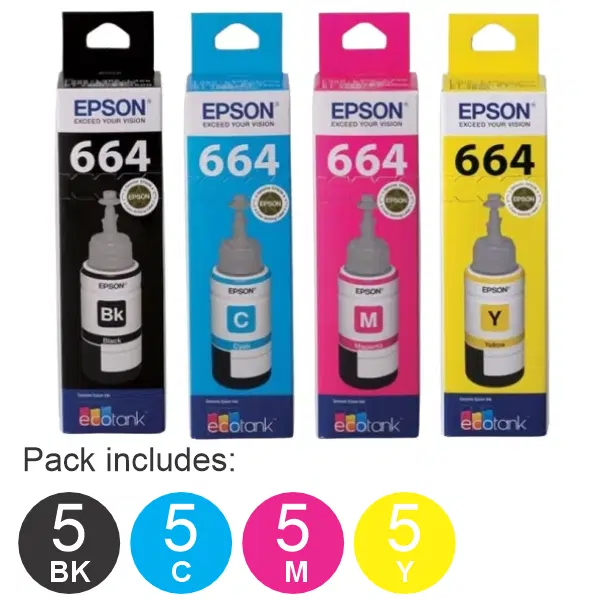 20 Pack - Epson T664 (5BK,5C,5M,5Y) Ink Bottles