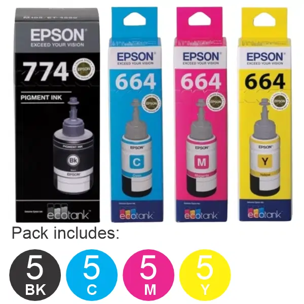 20 Pack - Epson T774 & T664 (5BK,5C,5M,5Y) Ink Bottles