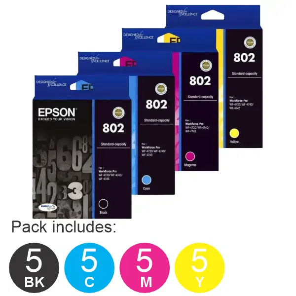 20 Pack - Epson 802 (5BK,5C,5M,5Y) Ink Cartridges