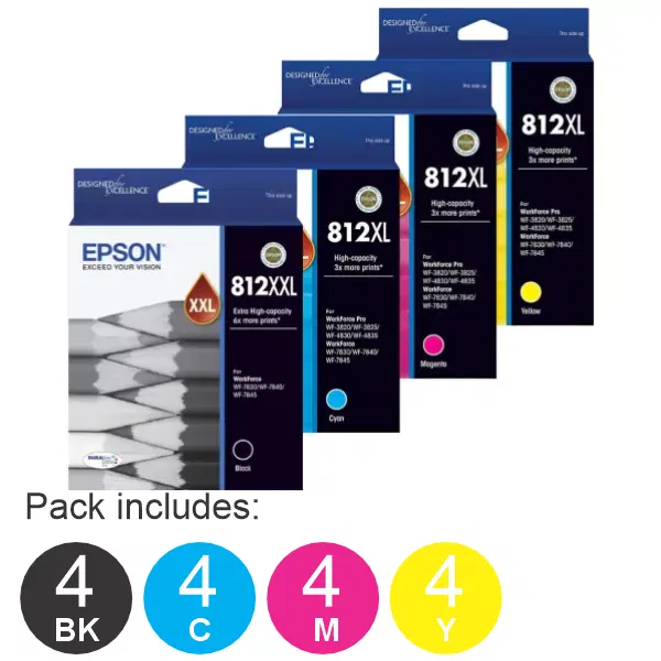 16 Pack - Epson 812XXL & 812XL C/M/Y (4BK,4C,4M,4Y) High Yield Ink Cartridges