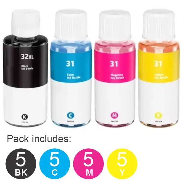 20 Pack - Compatible HP #32XL & #31 (5BK,5C,5M,5Y) Ink Bottles