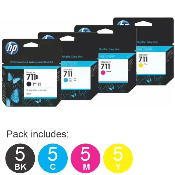 20 Pack - HP #711 (5BK,5C,5M,5Y) Ink Cartridges