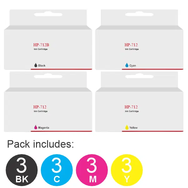 12 Pack - Compatible HP #712 (3BK,3C,3M,3Y) Ink Cartridges