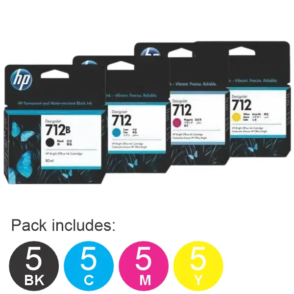 20 Pack - HP #712 (5BK,5C,5M,5Y) Ink Cartridges