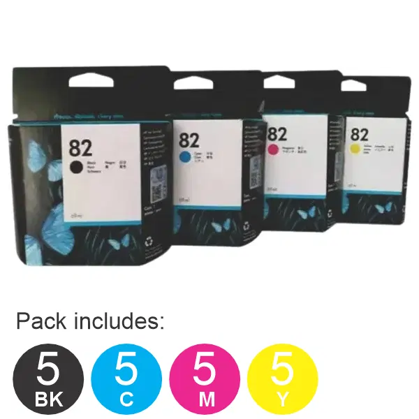20 Pack - HP #82 (5BK,5C,5M,5Y) Ink Cartridges