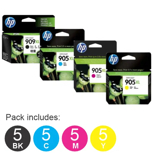20 Pack - HP #909XL & 905XL C/M/Y (5BK,5C,5M,5Y) High Yield Ink Cartridges