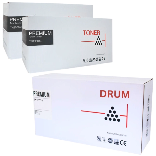 Compatible Brother DR2530 Drum Unit & 2 x Compatible Brother TN2530XL Toner Cartridge