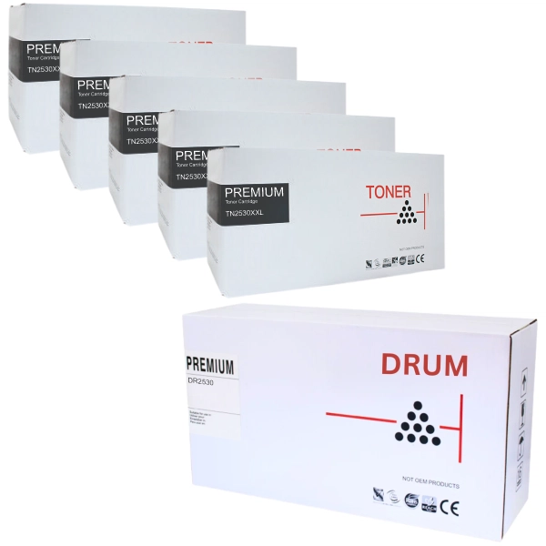 Compatible Brother DR2530 Drum Unit & 5 x Compatible Brother TN2530XXL Toner Cartridge