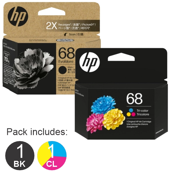 2 Pack - HP #68e & #68 (1BK,1CL) Ink Cartridges
