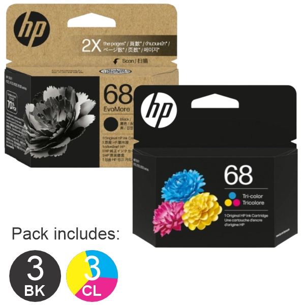 6 Pack - HP #68e & #68 (3BK,3CL) Ink Cartridges
