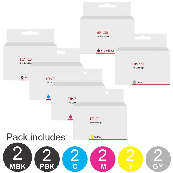 12 Pack - Compatible HP #72 (2MBK,2PBK,2C,2M,2Y,2PGY)