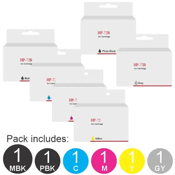 6 Pack - Compatible HP #72 (1MBK,1PBK,1C,1M,1Y,1PGY)