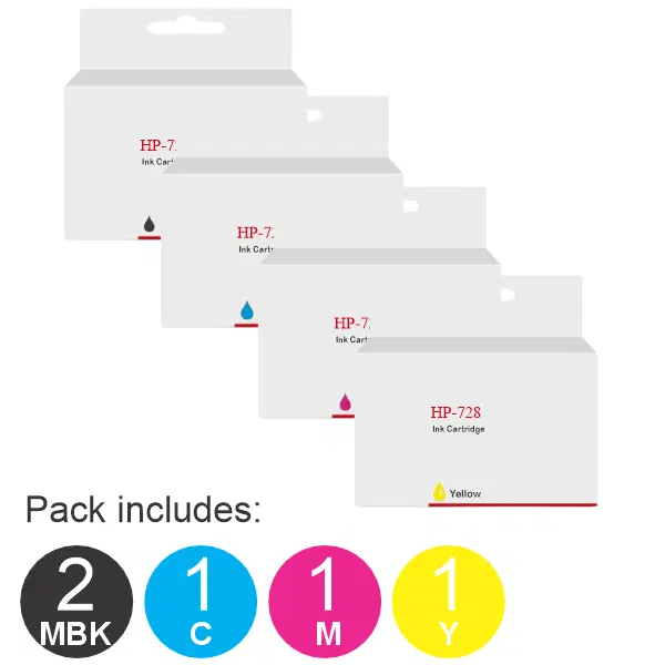5 Pack - Compatible HP #728 300ml (2MBK,1C,1M,1Y) Ink Cartridges