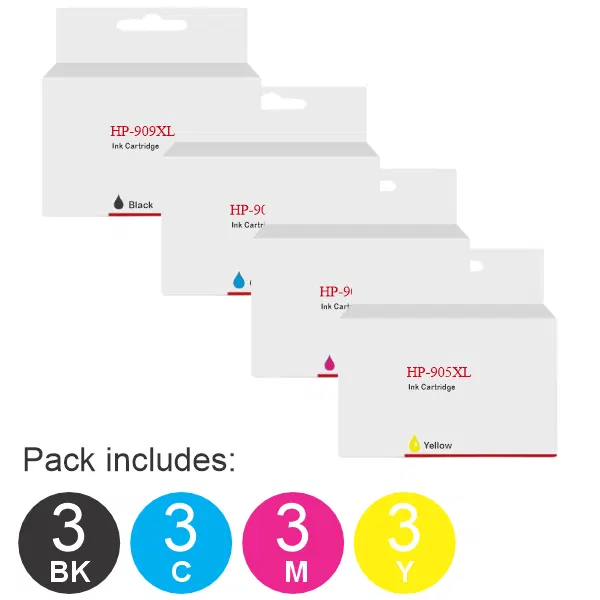 12 Pack - Compatible HP #909XL & 905XL C/M/Y (3BK,3C,3M,3Y) High Yield Ink Cartridges
