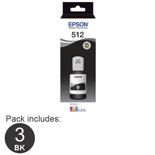 3 x Epson T512 Black EcoTank Ink Bottle C13T00G192