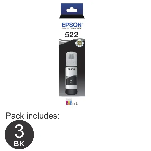 3 x Epson T522 Black EcoTank Ink Bottle C13T00M192