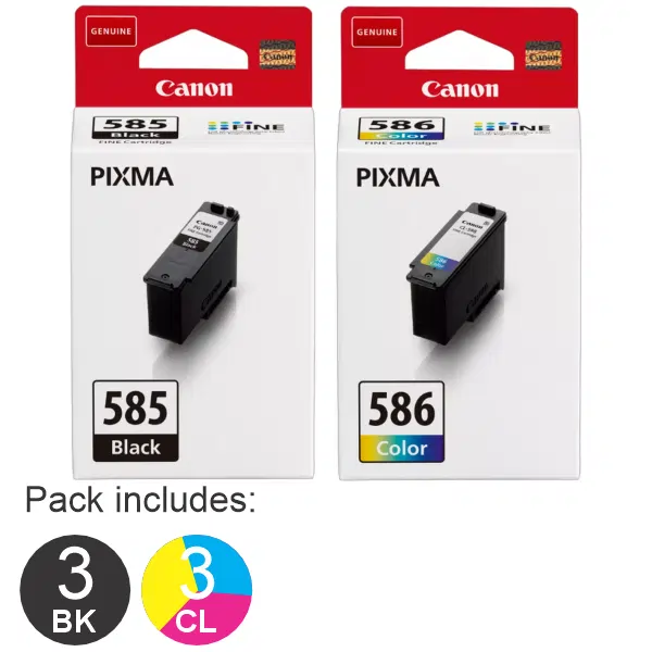 6 Pack - Canon 3 x PG-585 & 3 x CL-586 Ink Cartridges PG585 & CL586