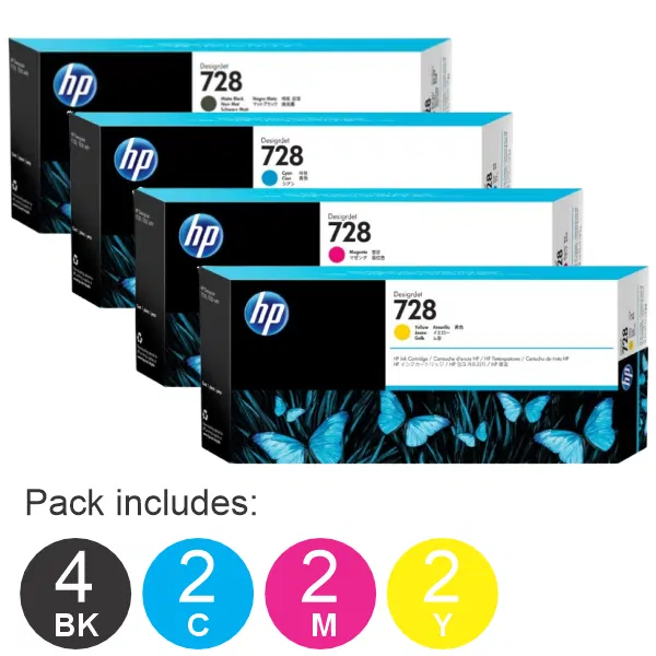 10 Pack - HP #728 (4MBK,2C,2M,2Y) Ink Cartridges - 130ml 3WX26A,F9J67A,F9J66A,F9J65A